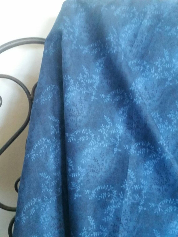 Three Shades of Blue Leaves and Vines on Field of Blue Quilting and Crafting Fabric Free Shipping By the Yard