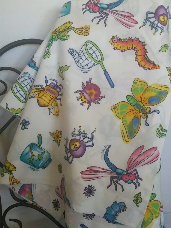 Kids Kloth Buggy Allover 100 Percent Cotton Sewing Quilting Children's Fabric Bright Colored Bugs, Nets on White Background Free Shipping