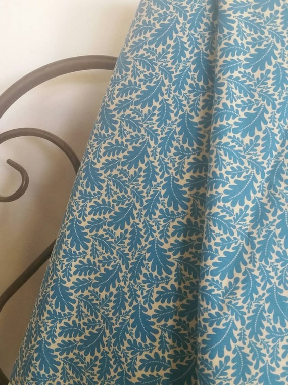 MDG Ice Blue Oak Leaves on Light Tan Background 100 Percent Cotton Quilting Crafting Fabric Free Shipping