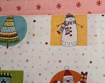 Christmas Quilting Fabric, 3 - 1 Yard Cut Bundle, 100 Percent Cotton Fabric, Nostalgic Santa, Snowman Motif , Pink Mint Green, Free Shipping