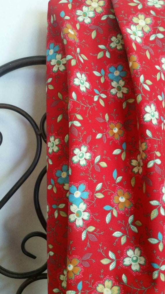 MDG 100 Percent Cotton Fabric with Deep Red Background with Ice Blue Flowers, Cream and Green Leaves Free Shipping for Crafting and Sewing