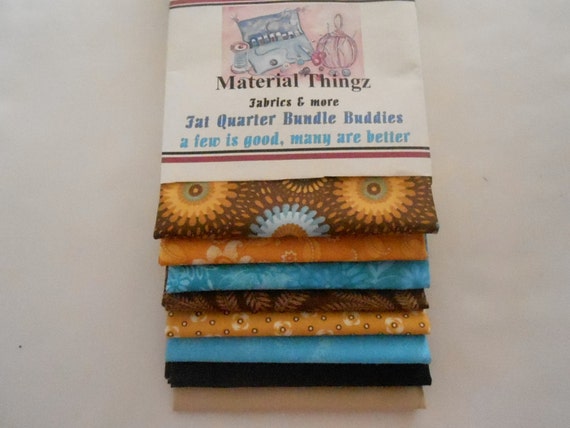 Free Shipping 8 Fat Quarter Bundle Buddies in Blues, Golds and Browns 100 Percent Cotton, Quilting, Sewing, Crafting Fabric
