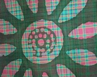 Batik Cotton Fabric 2-yard Bundle Green Background Flower Motif Dyed with Aqua and Pink Highlights Quilting and Crafting Free Shipping