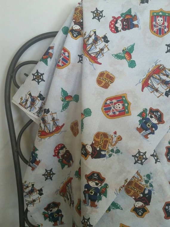 Pirates Motif Children's Fabric Pirates on White Background with Ships Bright Colored Fussy Cut Applicable 100 Percent Cotton Free Shipping