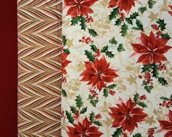 3 Yard Christmas Bundle, Red Poinsettias, 100 Percent Cotton Fabric, 3 - 1 Yard Cuts, Coordinating Red, Tan, Green Fabric, Free Shipping