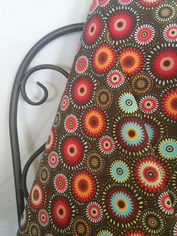 Free Shipping Quilting Fabric, 100 Percent Cotton Chocolate Brown Background, By The Yard With Burgandy and Blue Geometric Flowers