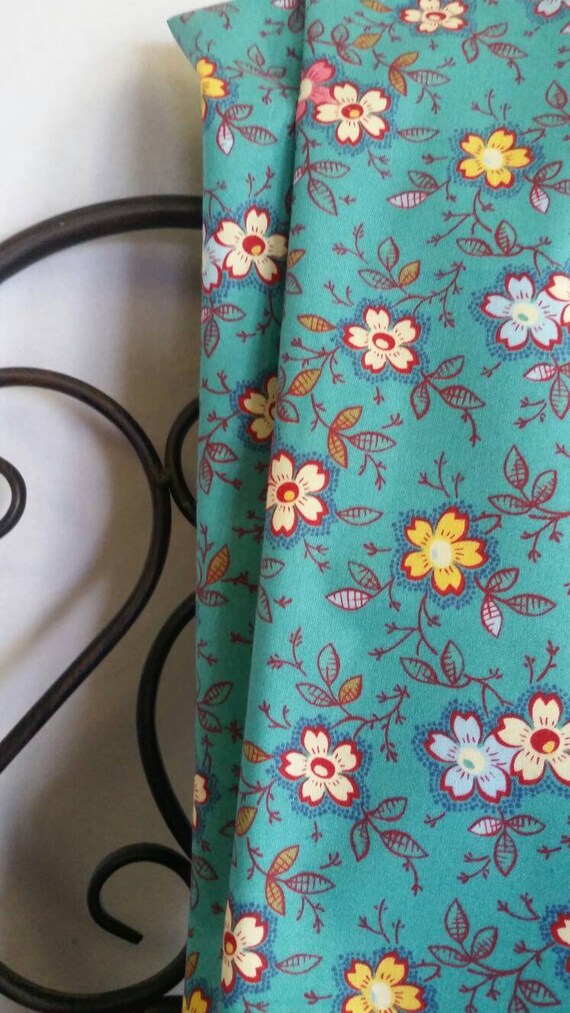 MDG Happy 100 Percent Cotton Fabric Pink Yellow Blue Burgundy Flowers and Leaves on Teal Background for Quilting Crafting Free Shipping