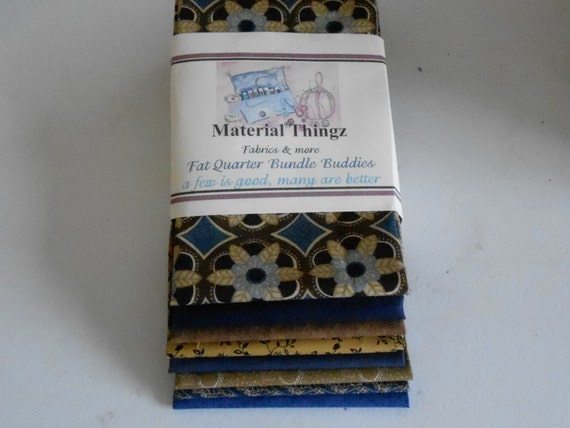 Free Shipping 8 Fat Quarter Bundle Buddies in Blues and Golds 100 Percent Cotton, Sewing, Quilting, Crafting Fabrics