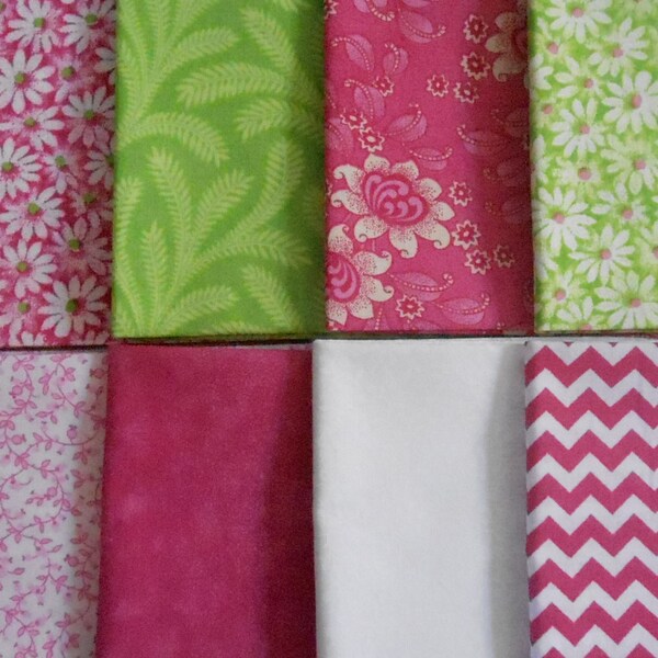 Fat Quarters Bundle of 8 Squares in Pinks and Greens Spring Motif Fat Quater Bundle 100 Percent Cotton, Quilting, Sewing, Crafting Fabric