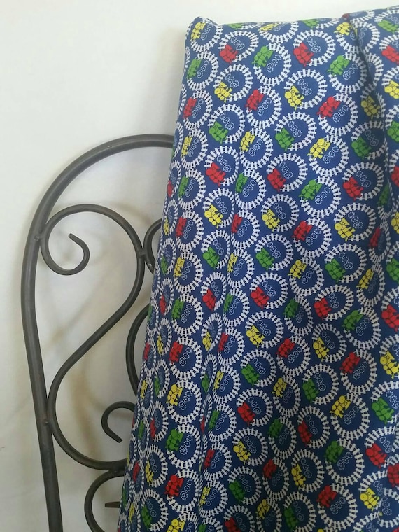 MDG Cotton Children's Fabric with Red Yellow Green Trains on White Tracks on Blue Background Free Shipping