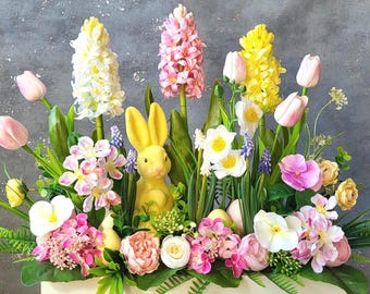Luxury large spring centerpiece, floral Easter centerpiece, spring cottage decor, Bunny & Eggs, spring flower arrangement, easter decor