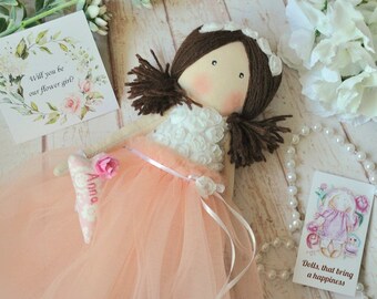 doll 30cm, peach dress,  flower girl gift, flower girl proposal, rag doll, soft doll, personalized doll, flower girl doll,handmade doll