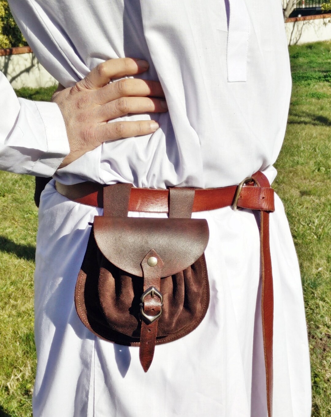 Historical Belt Bag in Leather and Suede, With Laces and