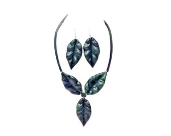 PARURE LEAF theme, Necklace and Earrings in leather, various colors