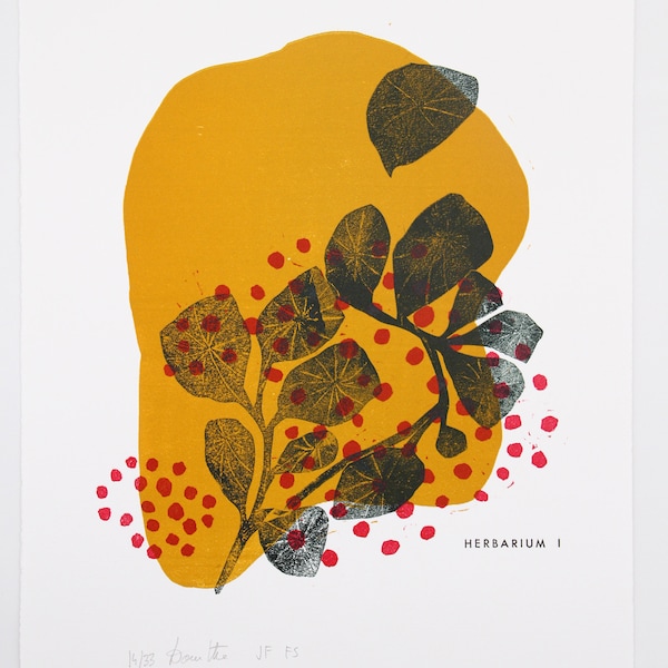 Estampe en linogravure et typographie "Herbarium" de Lyndie Dourthe