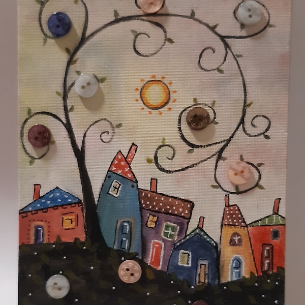 HAND PAINTED PICTURE Happy houses in button art