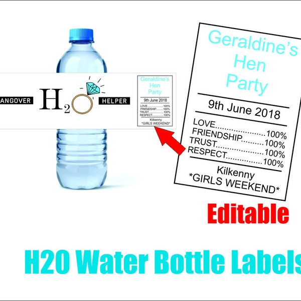 H20 - Pdf Editable file - Hangover Helper- Bridal shower labels - water bottle sticker - Bachelorette bottle tag- Rescue & survival kit -pdf
