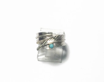 Handmade Native American Adjustable Sterling Silver Turquoise Handmade Navajo Feather Ring
