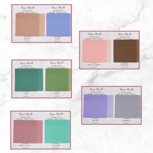 May include: Assortment of 10 colors of translucent square sticky notes. Each color is labeled with a name and the size is 3 x 3 inches. The colors are apricot, azure, ballet slipper, espresso, jade, olive, orchid, periwinkle, rose quartz, and seafoam.
