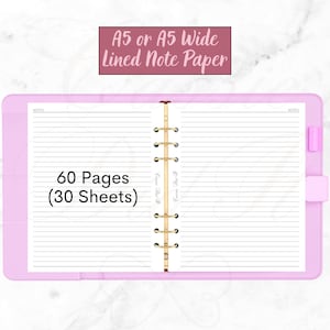 May include: A pink binder with gold rings and 60 lined pages, labeled "NOTES" on the front and back covers. The text "A5 or A5 Wide Lined Note Paper" is written in pink on a white background. The text "60 Pages (30 Sheets)" is written in black on a white background. The text "Cassie Dat h" is written in black cursive on a white background.
