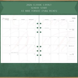 May include: A white 2026 planner with a classic layout, Sunday start, and A5 wide format (7x8.6 inches). The January calendar is open, showing the days of the month. Includes to-do, bills, appointments, important notes sections.
