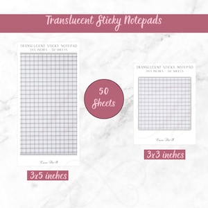 May include: Two packs of translucent sticky notepads with grid paper. The larger pack is 3x5 inches and the smaller pack is 3x3 inches. Both packs contain 50 sheets.
