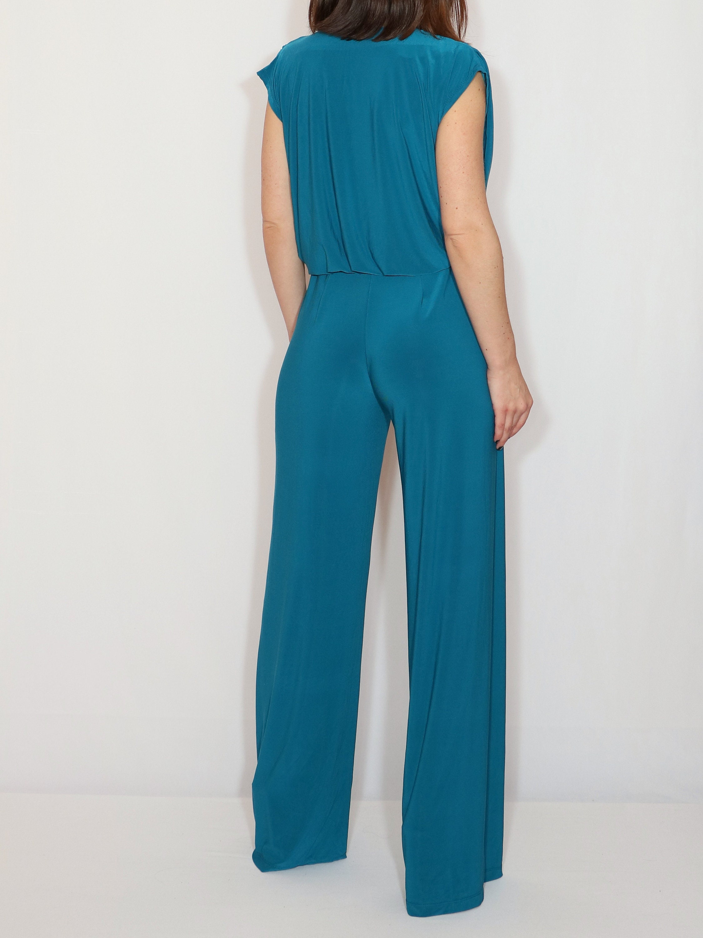 Teal blue wide leg jumpsuit women Blue sleeveless jumpsuit | Etsy