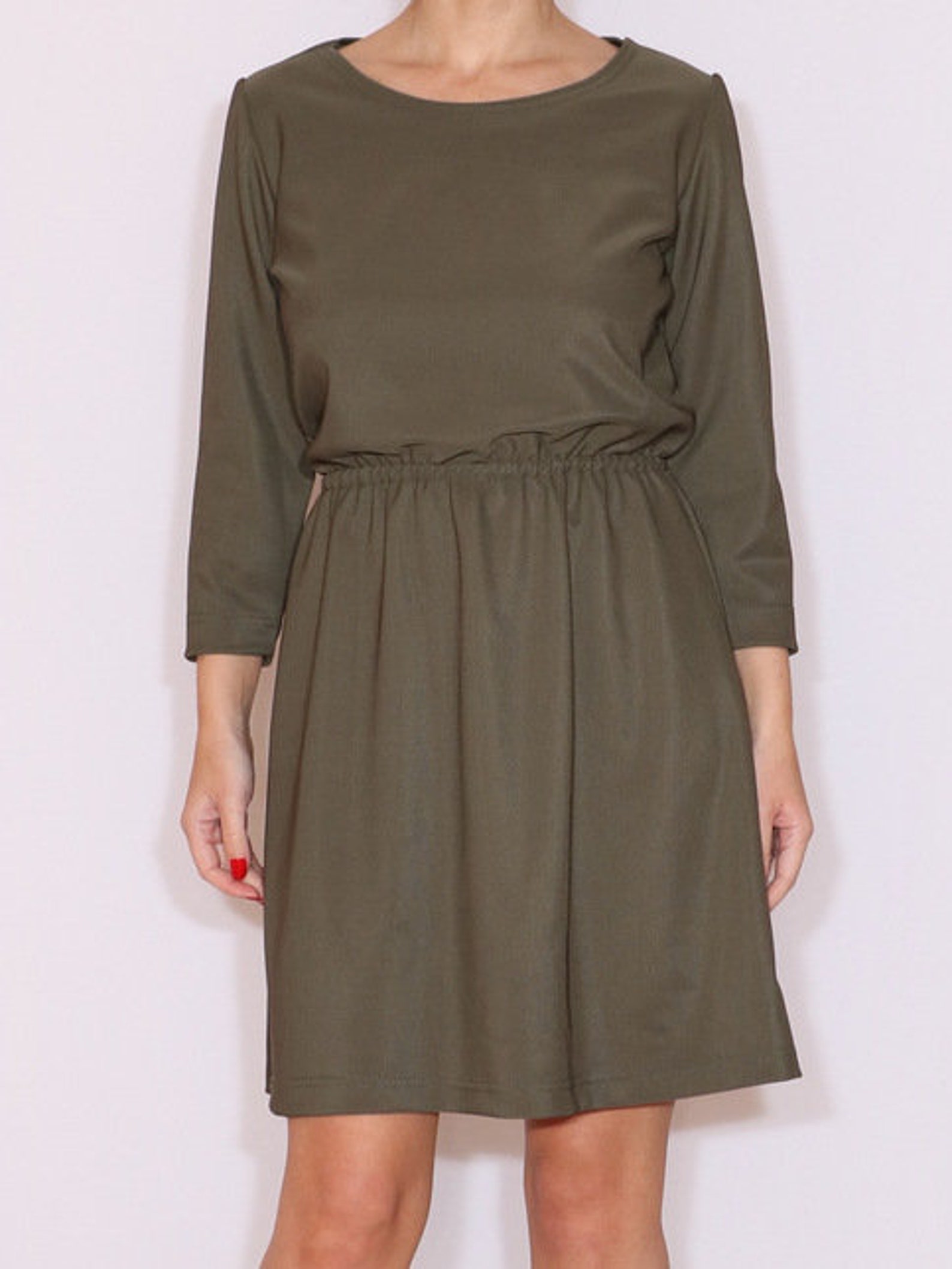 Army green knee length dress long sleeve Women office dress Etsy