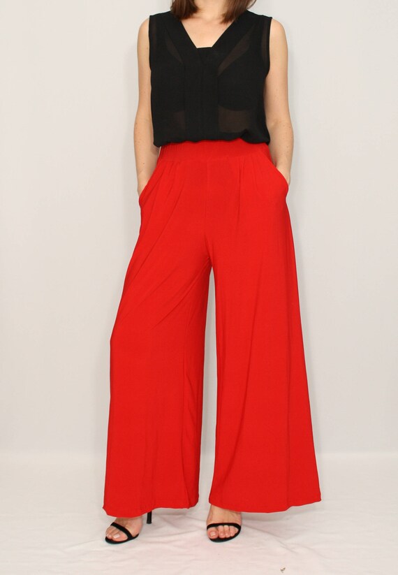 Items similar to Red wide leg high waist pants with pockets Women ...