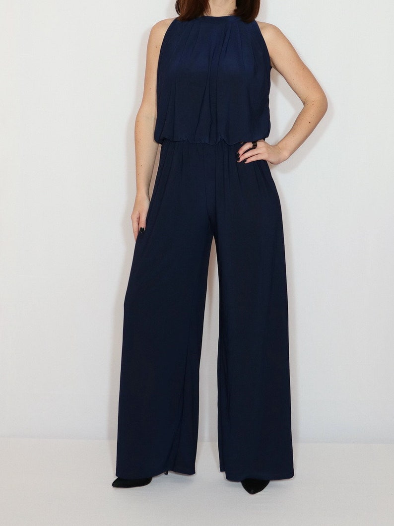 blue wide leg jumpsuit