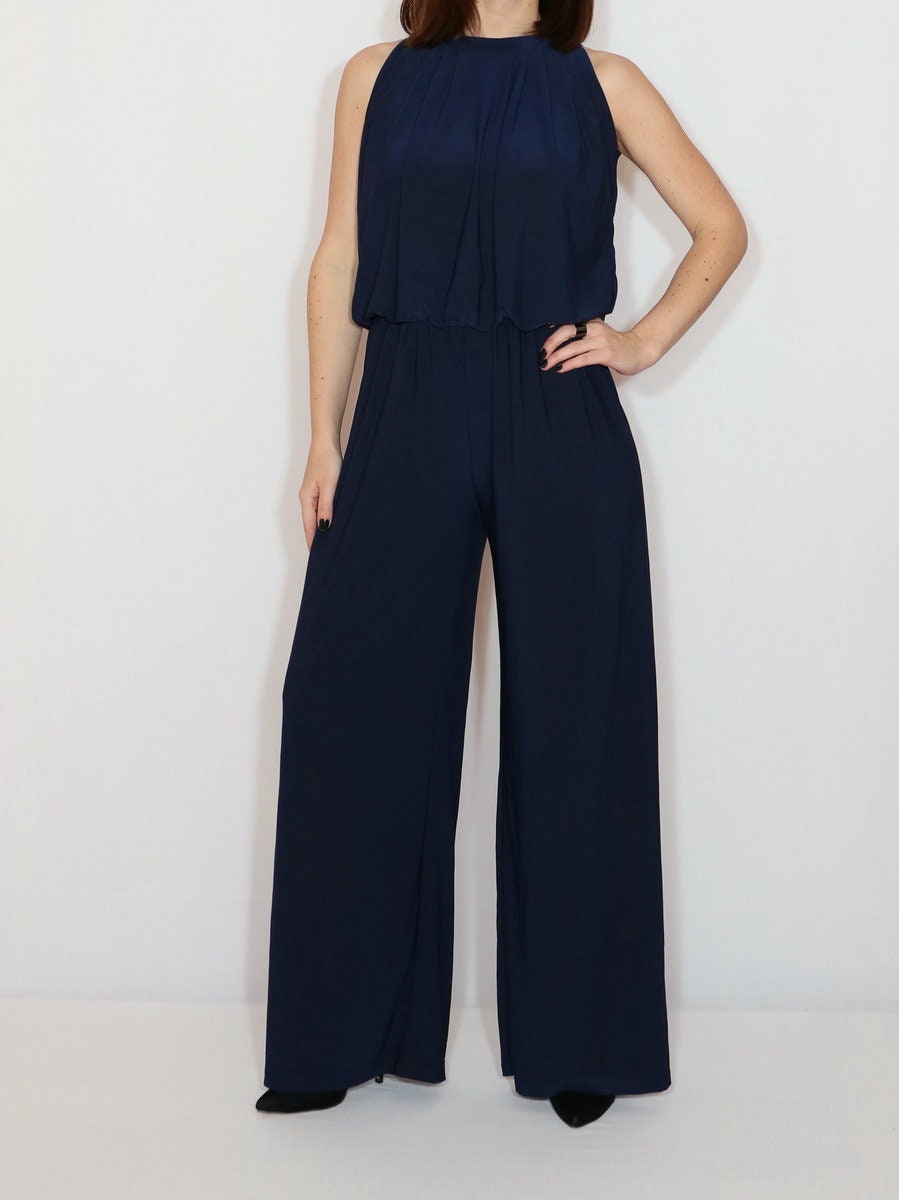 Navy blue wide leg jumpsuit sexy jumpsuit with halter top | Etsy