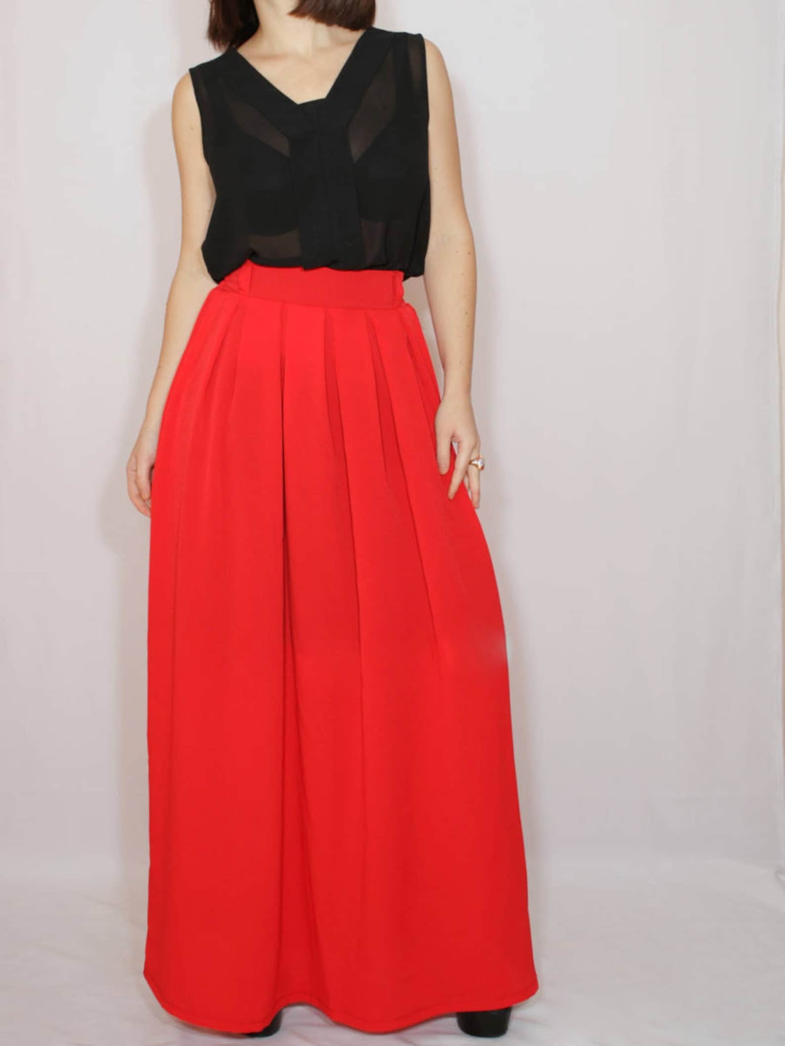 Long red chiffon skirt with pockets maxi skirt high waist | Etsy