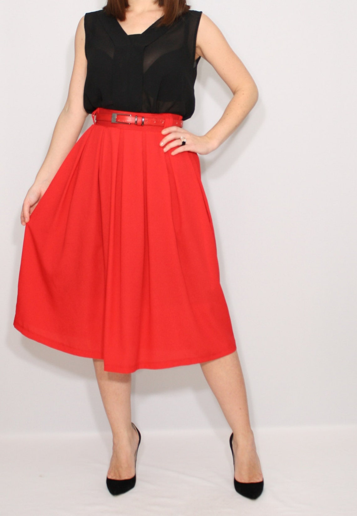 Red chiffon midi skirt with pockets A line skirt high waist | Etsy