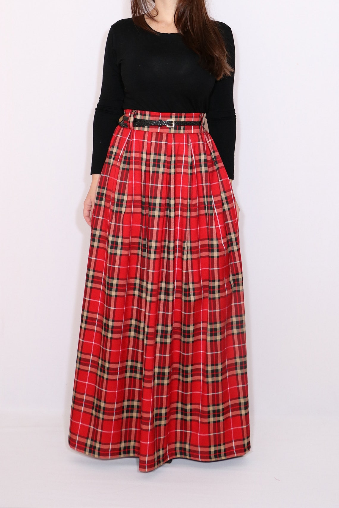 Red Long Plaid Skirt With Pockets Red Tartan Skirt Red Maxi Etsy