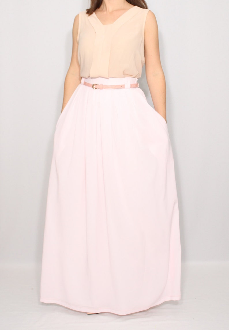Pale pink chiffon maxi skirt with pockets long pleat skirt | Etsy