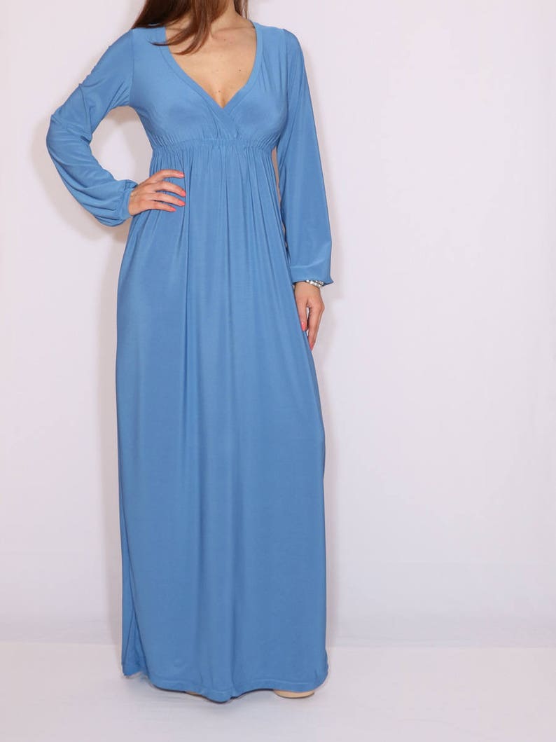 Dusty blue dress Maxi Long sleeve dress Women Empire wast Etsy