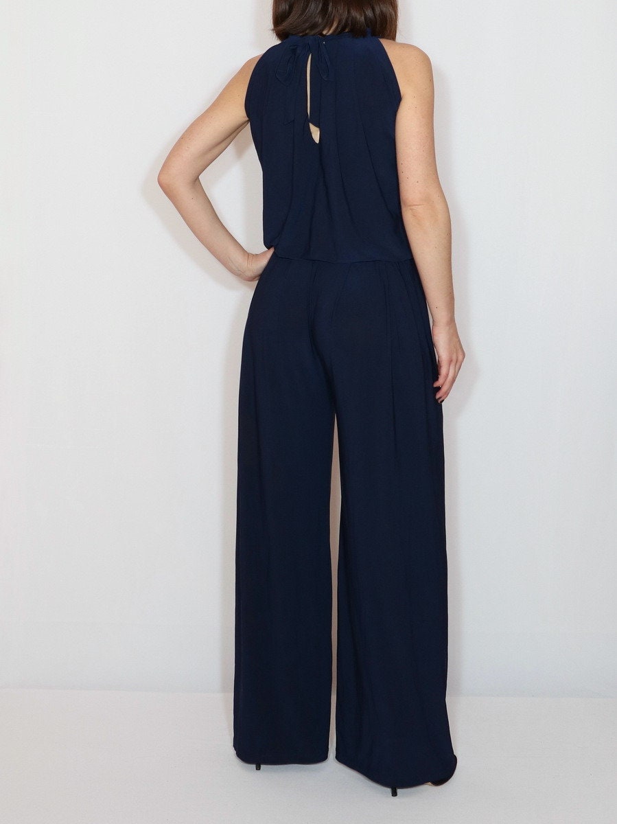 Navy blue wide leg jumpsuit sexy jumpsuit with halter top | Etsy