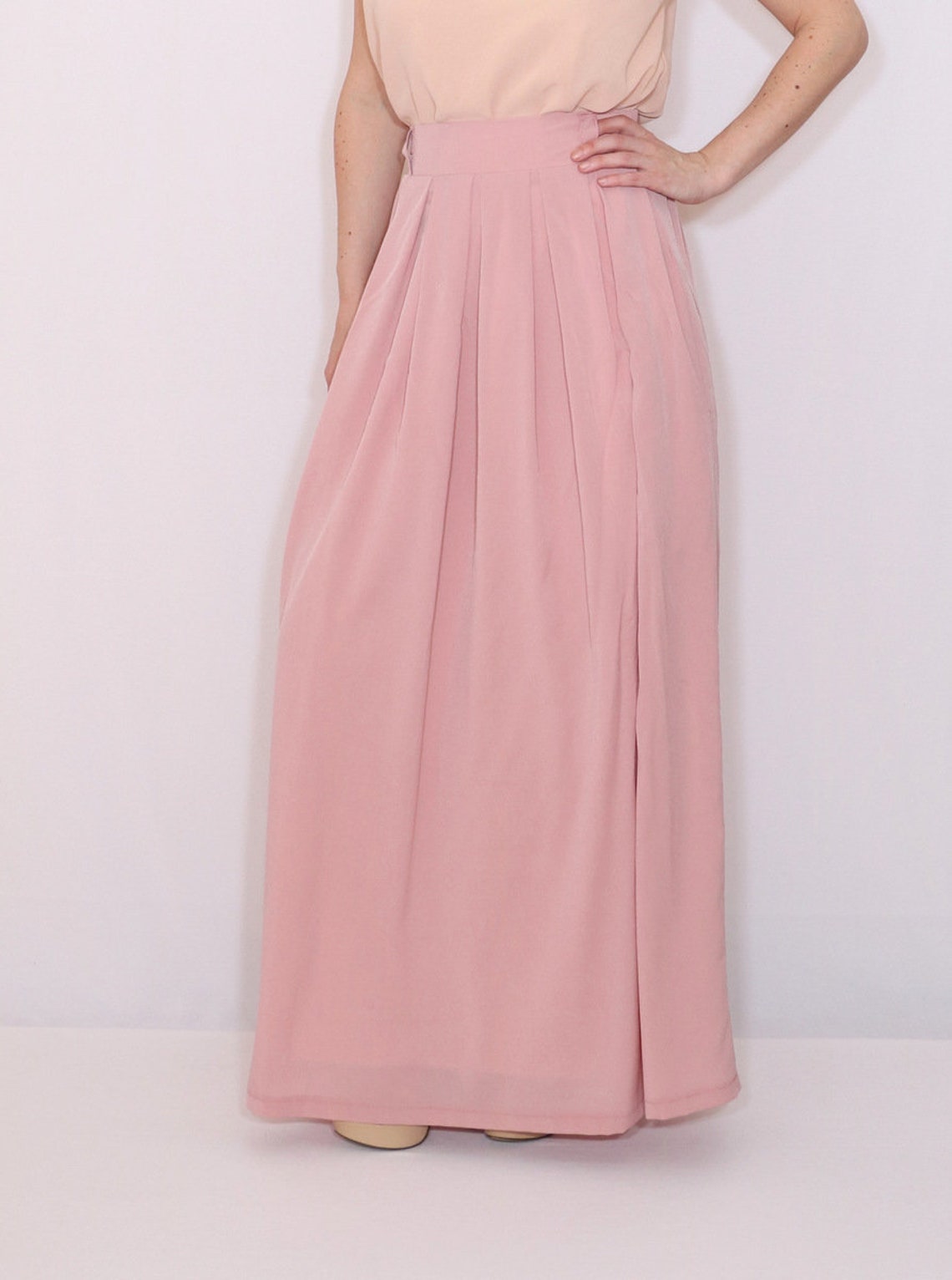 Blush pink chiffon maxi skirt with pockets long pleat skirt | Etsy