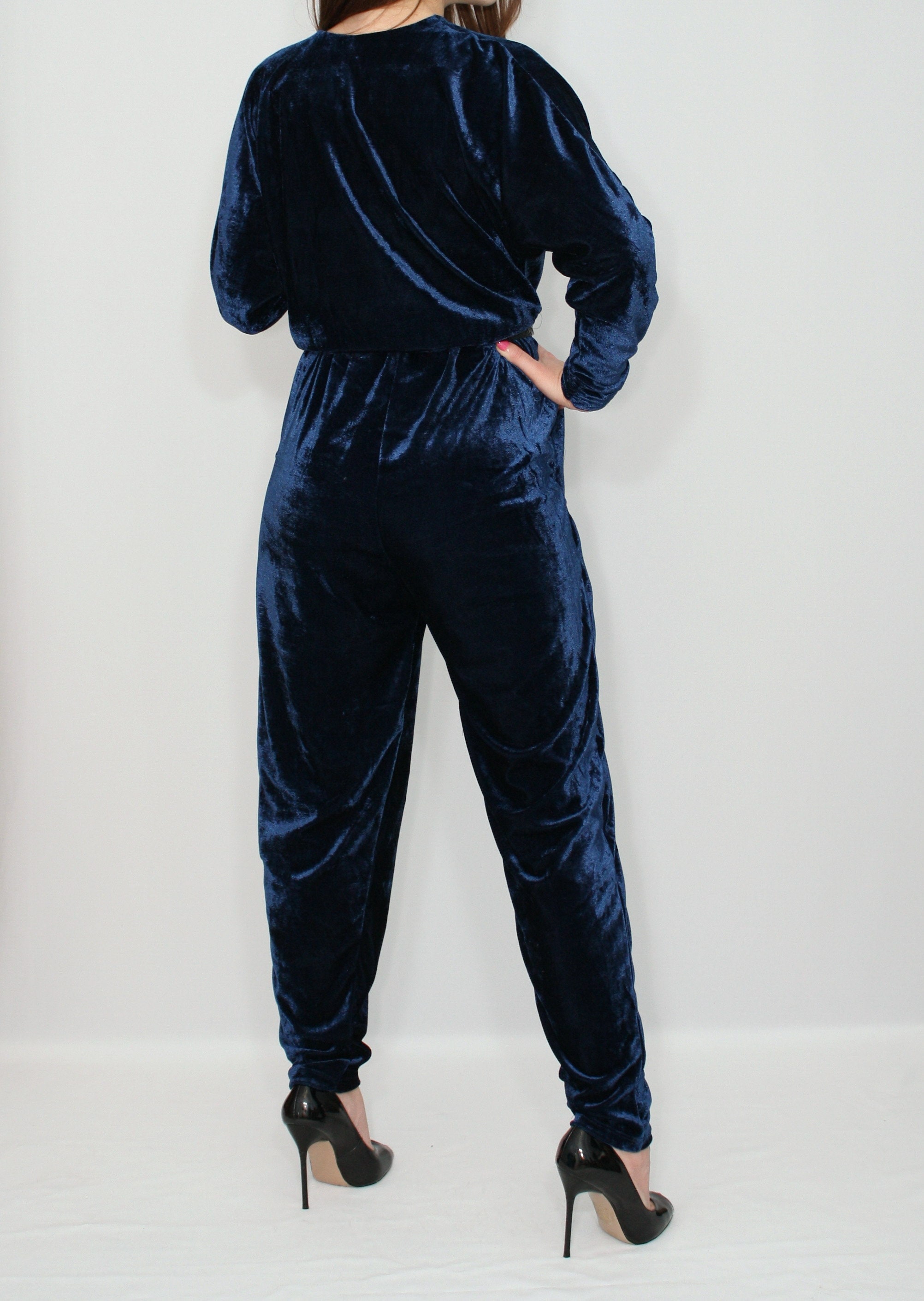 Blue velvet jumpsuit navy blue jumpsuit harem jumpsuit Etsy