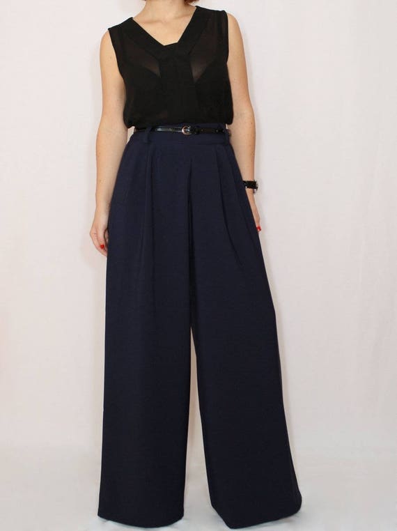 Navy Blue Wide Leg Pants With Pockets | Etsy