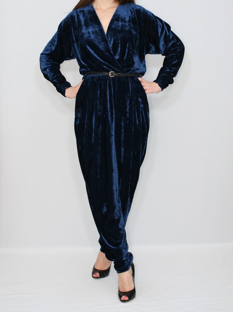 Blue velvet jumpsuit navy blue jumpsuit harem jumpsuit | Etsy