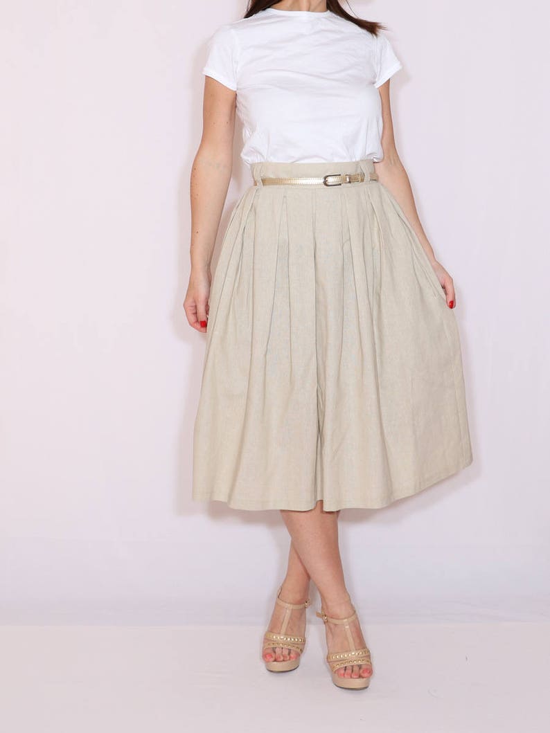 Beige Linen Pleated Midi Skirt With Pockets A Line Skirt | Etsy