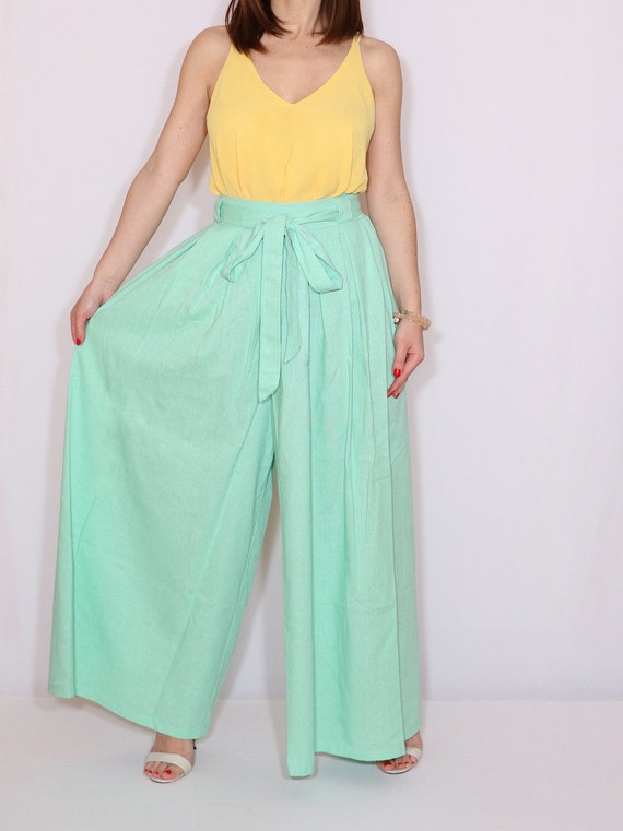 Mint green linen palazzo pants | Etsy