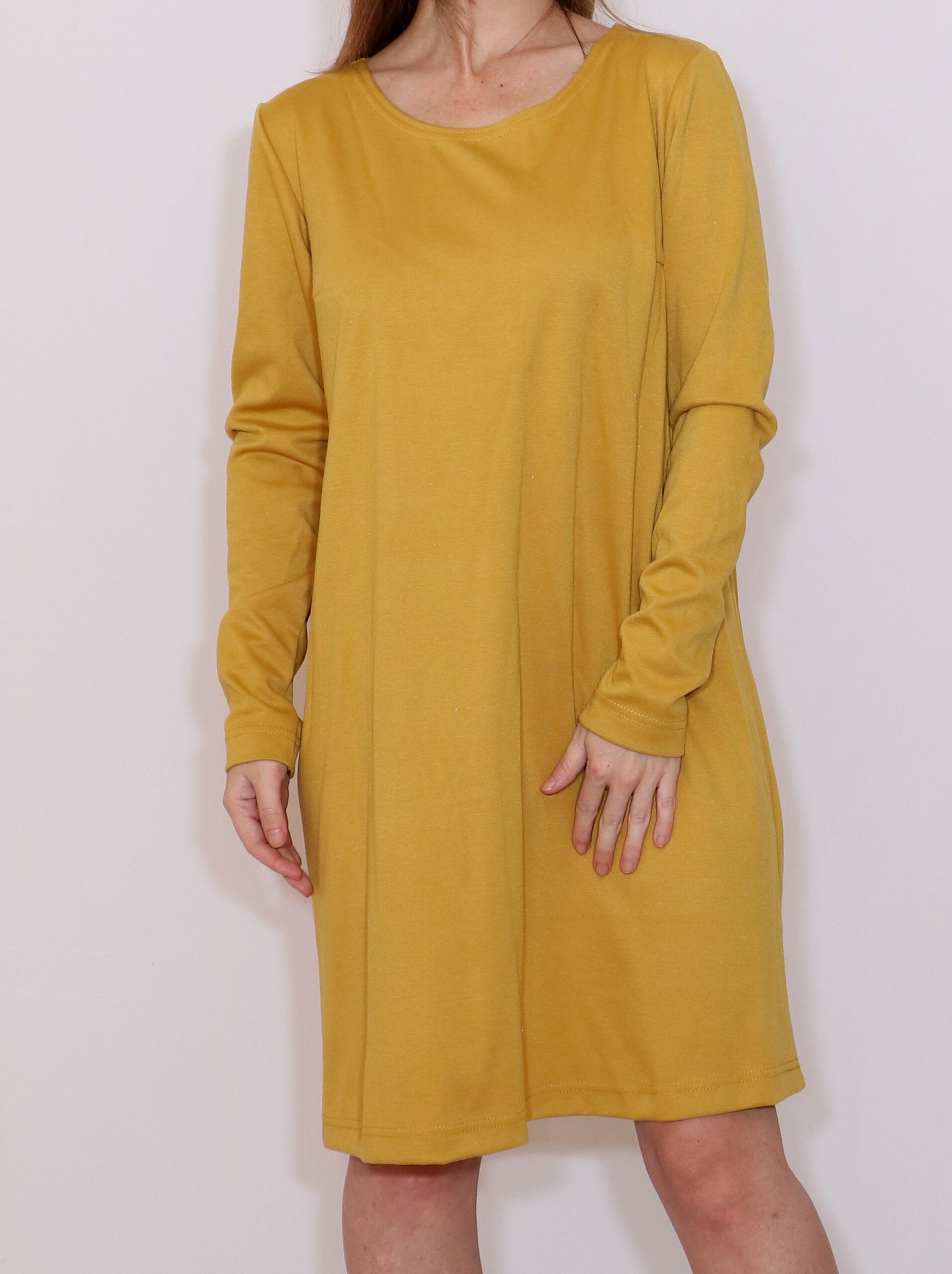 Senfgelbes Langarmkleid knielanges Kleid Frauen Oversize | Etsy