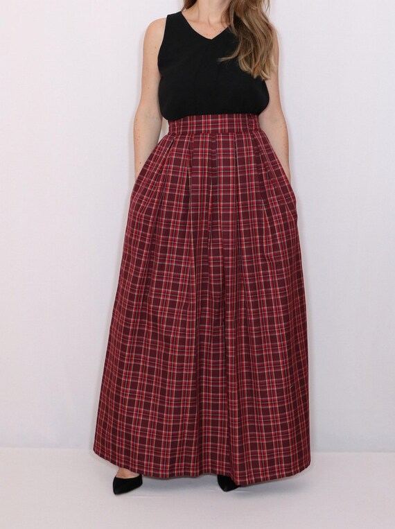 red tartan plaid maxi skirt