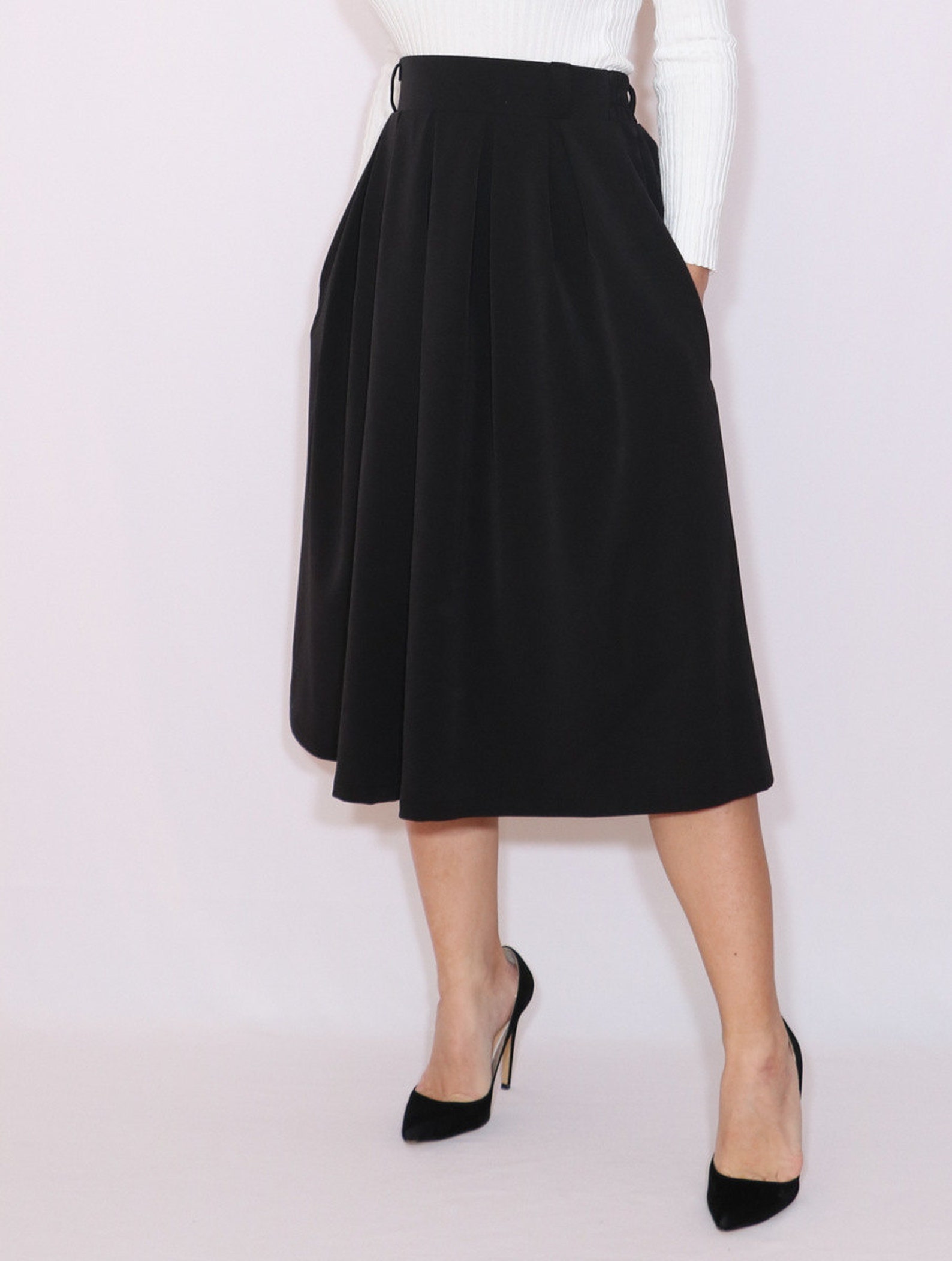 Black wool midi skirt with pockets A line skirt pleat skirt Etsy