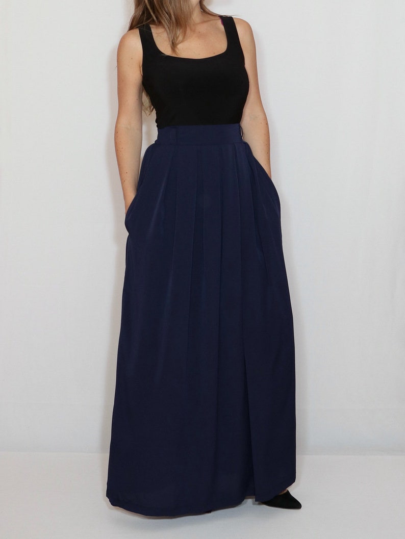 Navy blue chiffon maxi skirt with pockets high waist skirt Etsy