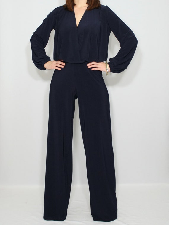 Navy blue wide leg jumpsuit women Blue long sleeve jumpsuit | Etsy