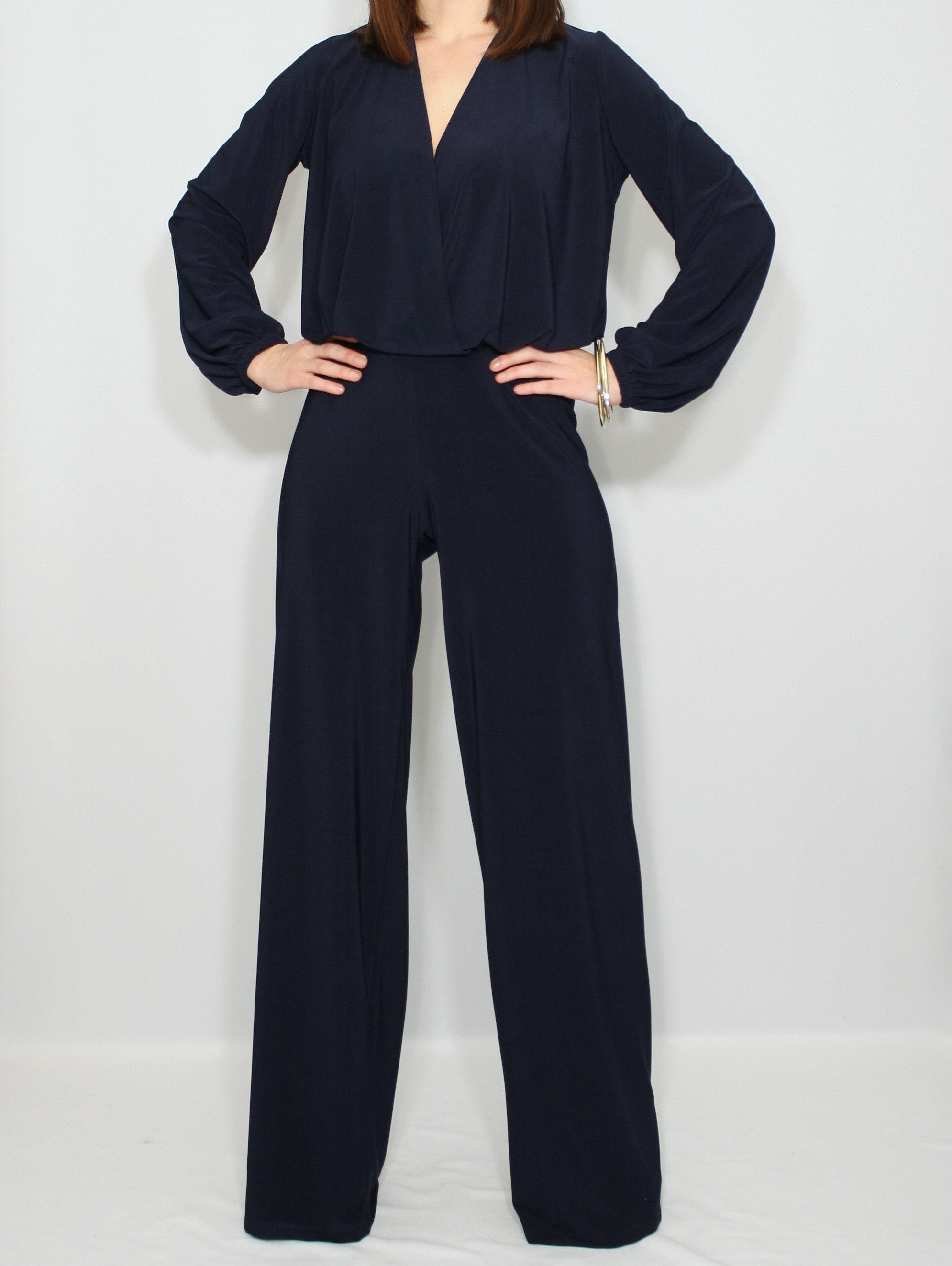 Navy blue wide leg jumpsuit women Blue long sleeve jumpsuit Etsy