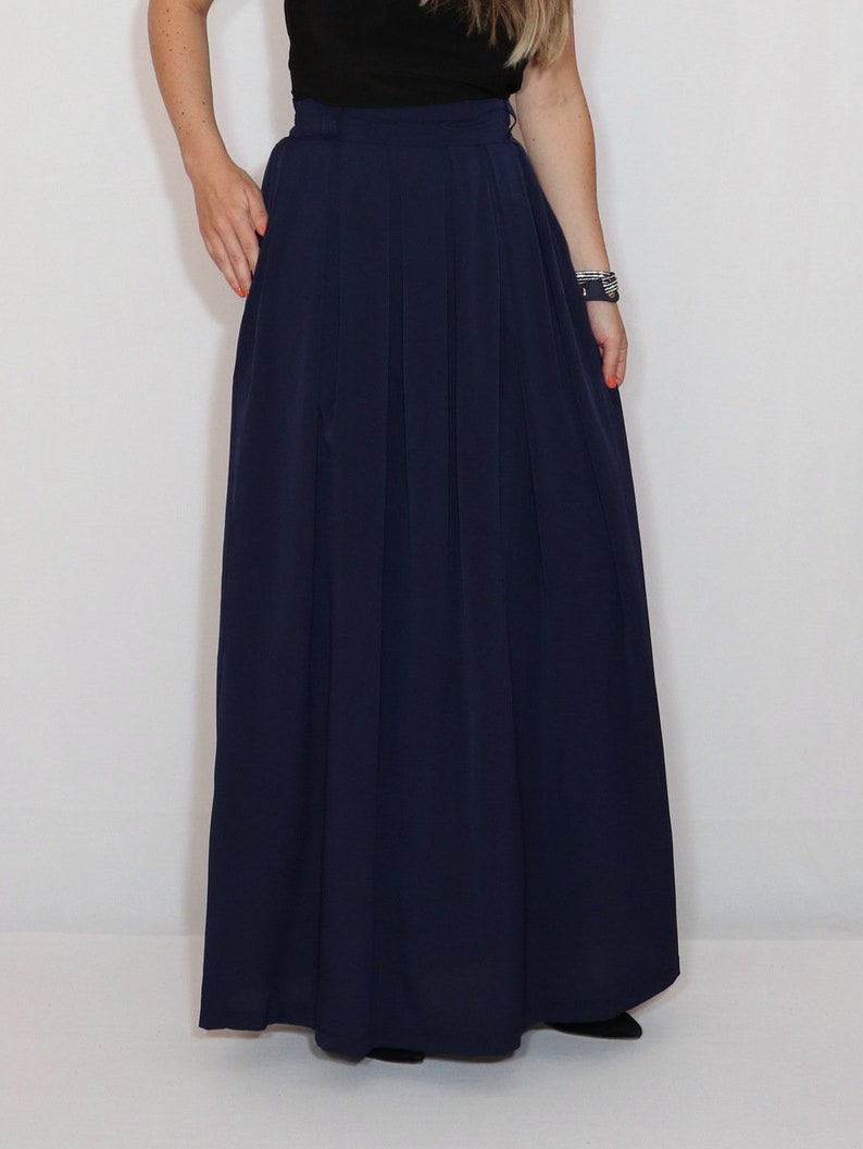 Navy blue chiffon maxi skirt with pockets high waist skirt Etsy